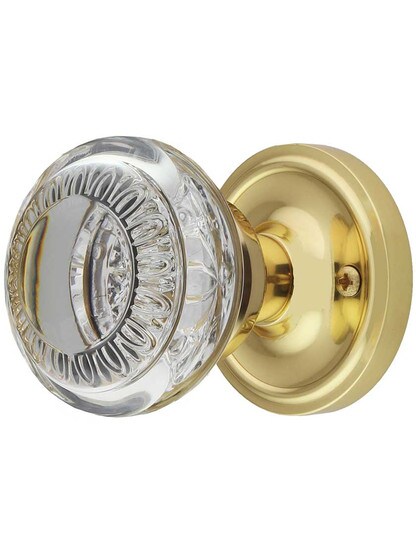 Classic Rosette Door Set with Ovolo Crystal-Glass Knobs in Un-Lacquered Brass.